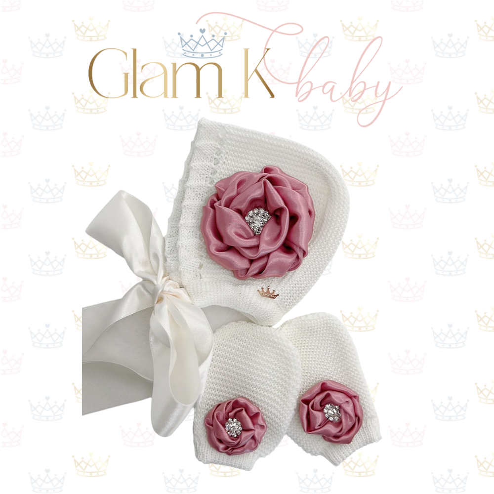 Twisted Rosette - Bonnet Hat & Mitten Sets